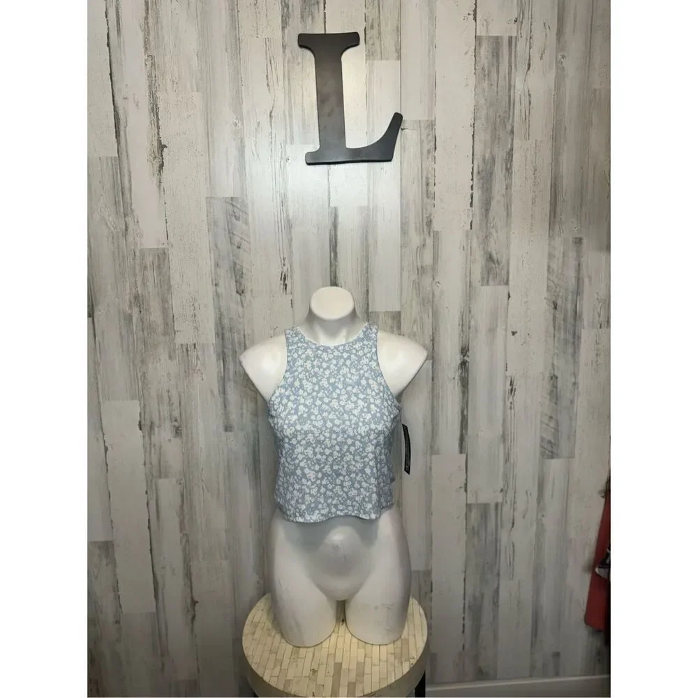 Freshman Blue Floral Halter Crop Top Open Back Tie Blouse Size L